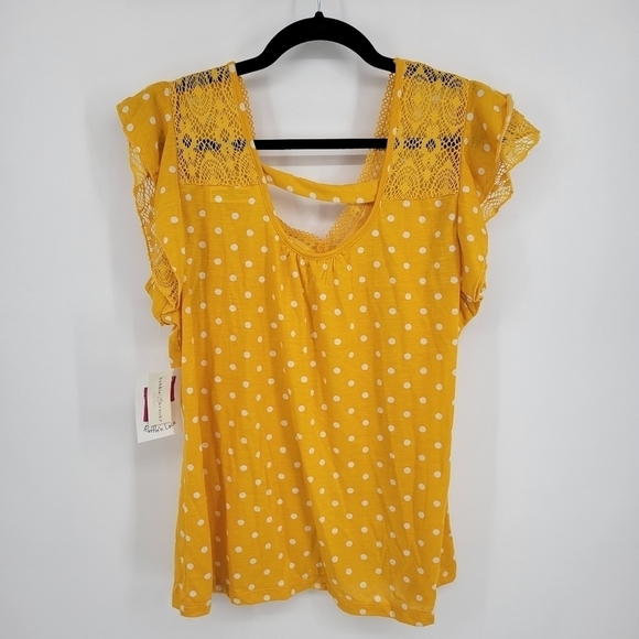 Bobbie Brooks Top Yellow White Polka Dots Lace Accents Open Back Sz M NWT - Picture 4 of 12